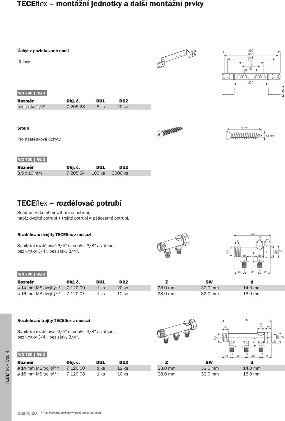 Rozdělovač dvojitý TECEflex z mosazi Sanitární rozdělovač 3/4 s redukcí 3/8 a zátkou, bez krytky 3/4, bez zátky 3/4. Z SW d ø 14 mm MS dvojitý** 7 120 09 1 ks 20 ks 28.0 mm 32.0 mm 14.