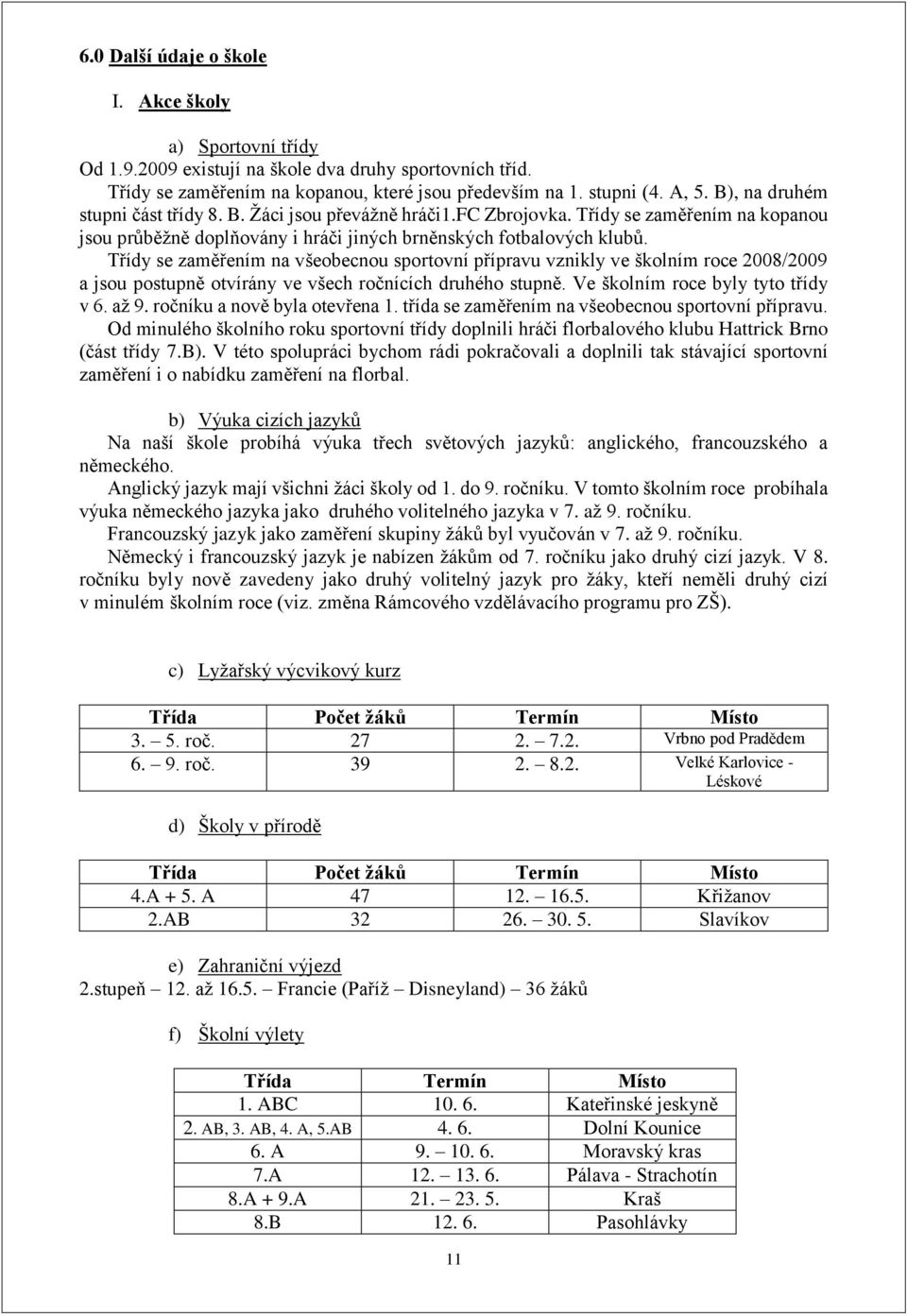 Třídy se zaměřením na všeobecnou sportovní přípravu vznikly ve školním roce 2008/2009 a jsou postupně otvírány ve všech ročnících druhého stupně. Ve školním roce byly tyto třídy v 6. až 9.