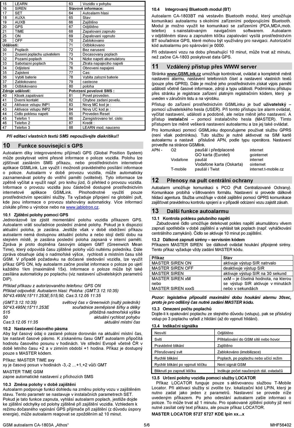 Ztrata napajeciho napeti 34 Odjisteni 76 Obnoveni napajeni 35 Zajisteni 77 Cas: 36 Vybiti baterie 78 Vybita zalozni baterie 37 Zablokovano 79 castecne 38 Odblokovano 80 poloha Zdroje událostí: