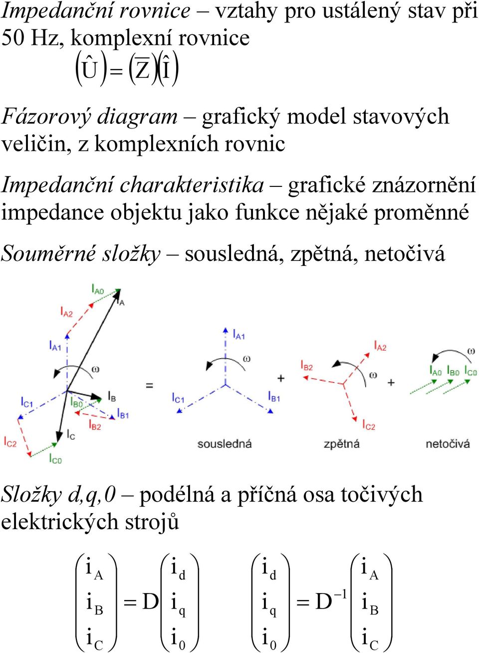 znázornění mpedance objektu jako funkce nějaké proměnné Souměrné složky sousledná, zpětná,