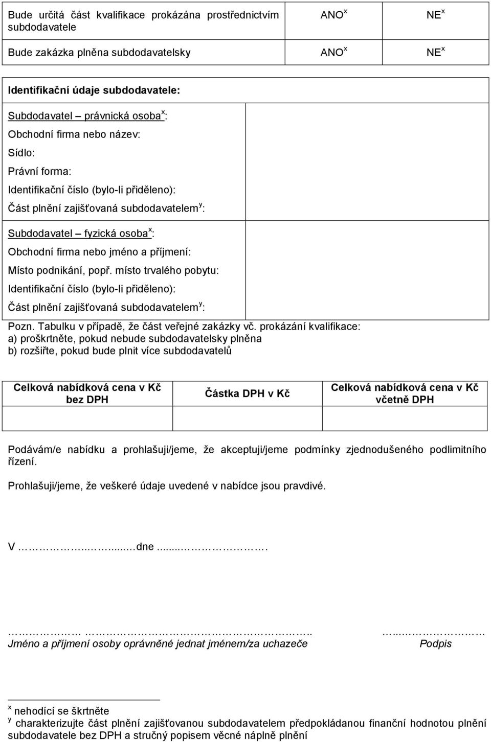 příjmení: Místo podnikání, popř. místo trvalého pobytu: Identifikační číslo (bylo-li přiděleno): Část plnění zajišťovaná subdodavatelem y : Pozn. Tabulku v případě, že část veřejné zakázky vč.