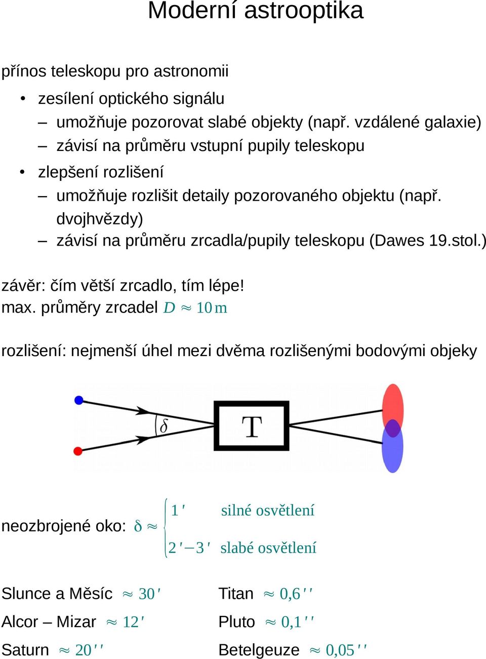 dvojhvězdy) závisí na průměru zrcadla/pupily teleskopu (Dawes 19.stol.) závěr: čím větší zrcadlo, tím lépe! max.