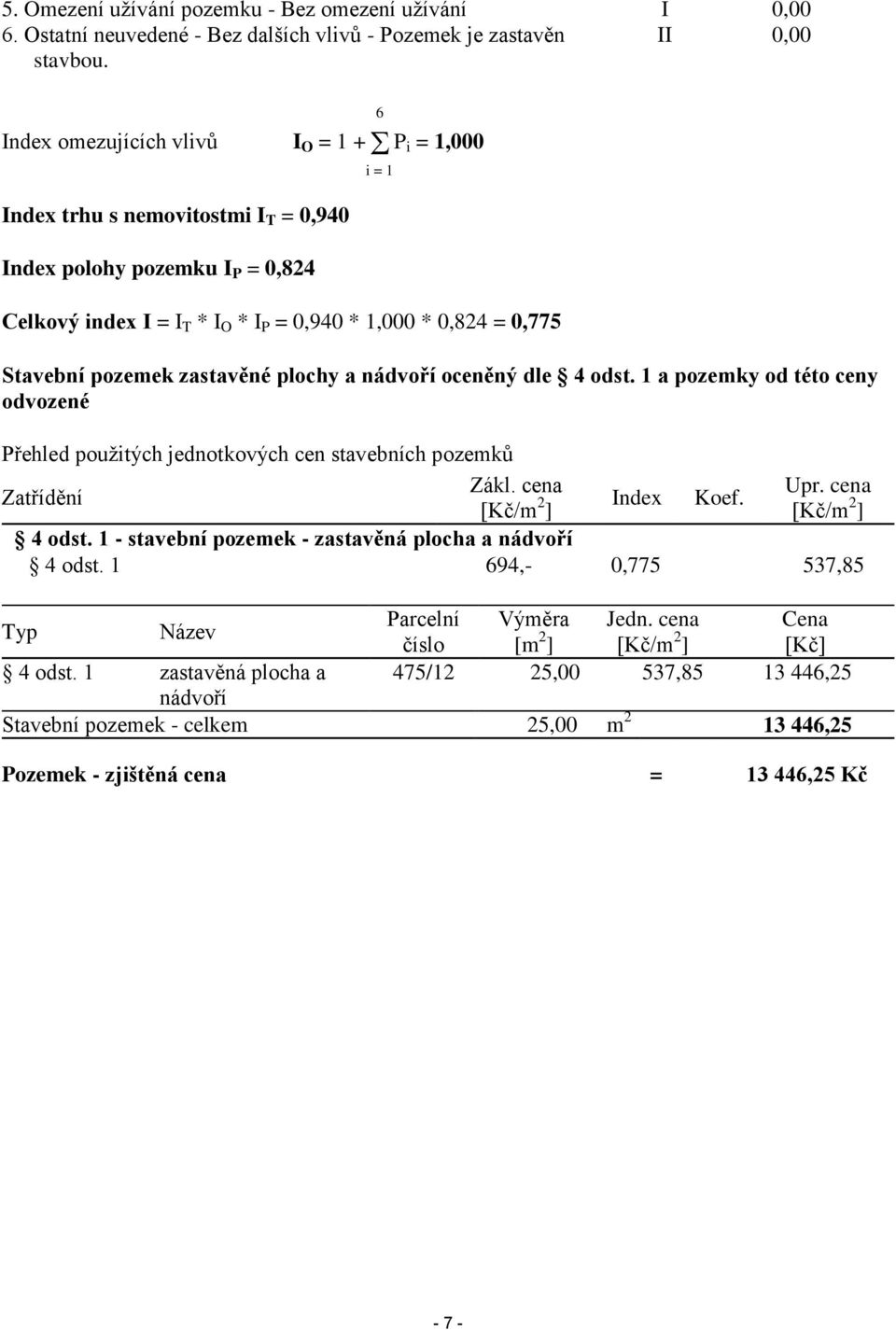 pozemek zastavěné plochy a nádvoří oceněný dle 4 odst. 1 a pozemky od této ceny odvozené Přehled použitých jednotkových cen stavebních pozemků Zákl. cena Upr. cena Zatřídění [Kč/m 2 Index Koef.