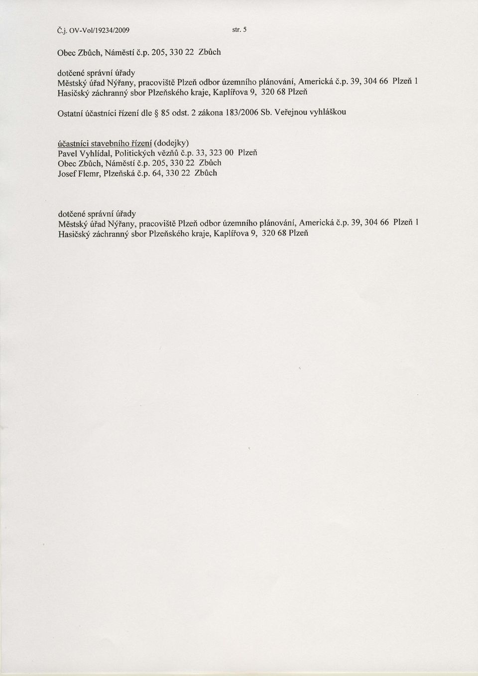 p. 64,33022 Zbttch dotdend spr6vni friady Mdstslcj riiad Nyiany, pracovi3td Plzef, odbor irzemniho pl6nov6ni, Americk6 d.p. 39, 30466 Plzefi 1 Hasids[i zfuclvawry sbor Plzefiskdho kraje, Kapliiova9, 32068 Plzefi