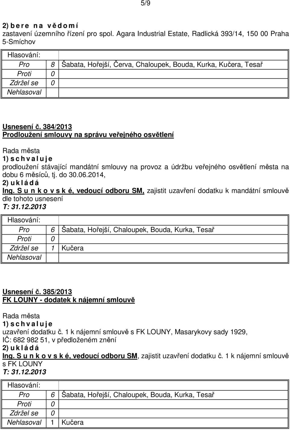 384/2013 Prodloužení smlouvy na správu veřejného osvětlení prodloužení stávající mandátní smlouvy na provoz a údržbu veřejného osvětlení města na dobu 6 měsíců, tj. do 30.06.2014, Ing.