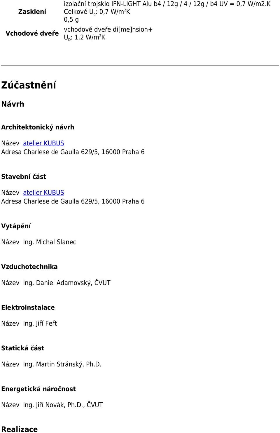 Charlese de Gaulla 629/5, 16000 Praha 6 Stavební část Název atelier KUBUS Adresa Charlese de Gaulla 629/5, 16000 Praha 6 Vytápění Název Ing.