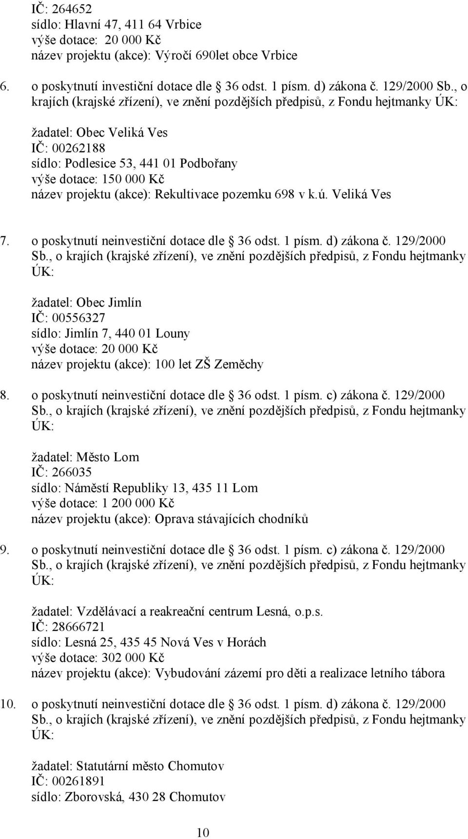 (akce): Rekultivace pozemku 698 v k.ú. Veliká Ves 7. o poskytnutí neinvestiční dotace dle 36 odst. 1 písm. d) zákona č. 129/2000 Sb.