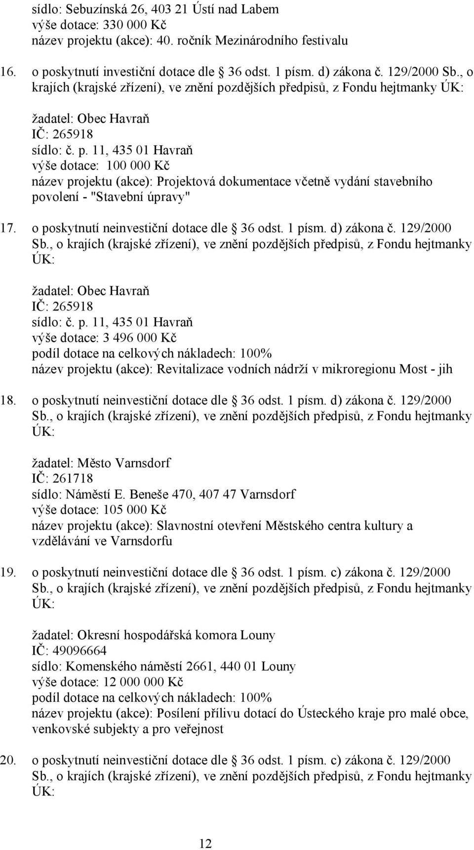 o poskytnutí neinvestiční dotace dle 36 odst. 1 písm. d) zákona č. 129/2000 Sb.