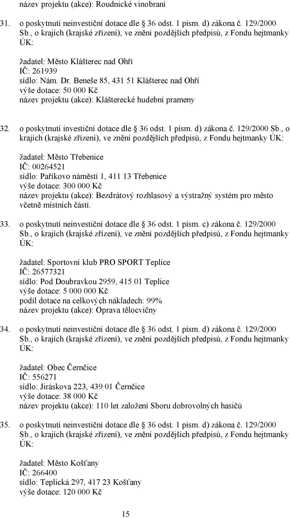 Beneše 85, 431 51 Klášterec nad Ohří výše dotace: 50 000 Kč název projektu (akce): Klášterecké hudební prameny 32. o poskytnutí investiční dotace dle 36 odst. 1 písm. d) zákona č. 129/2000 Sb.