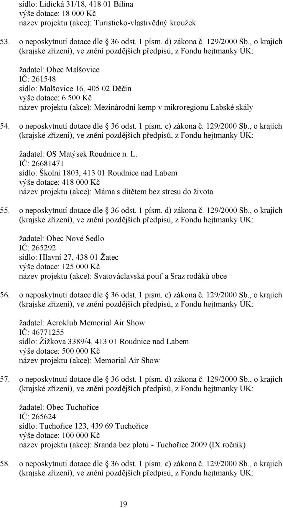 Mezinárodní kemp v mikroregionu Labské skály 54. o neposkytnutí dotace dle 36 odst. 1 písm. c) zákona č. 129/2000 Sb.