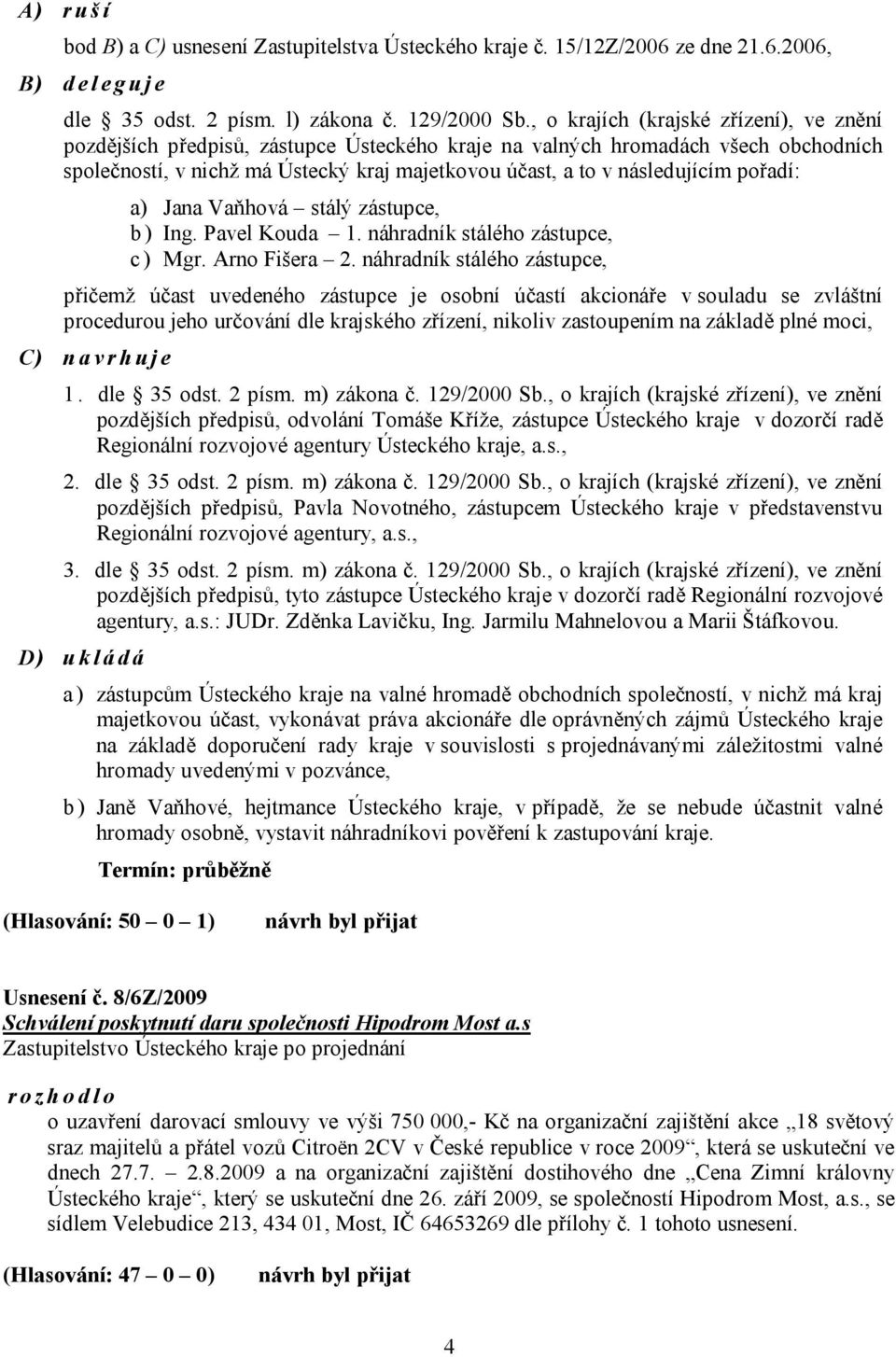 pořadí: a) Jana Vaňhová stálý zástupce, b) Ing. Pavel Kouda 1. náhradník stálého zástupce, c) Mgr. Arno Fišera 2.