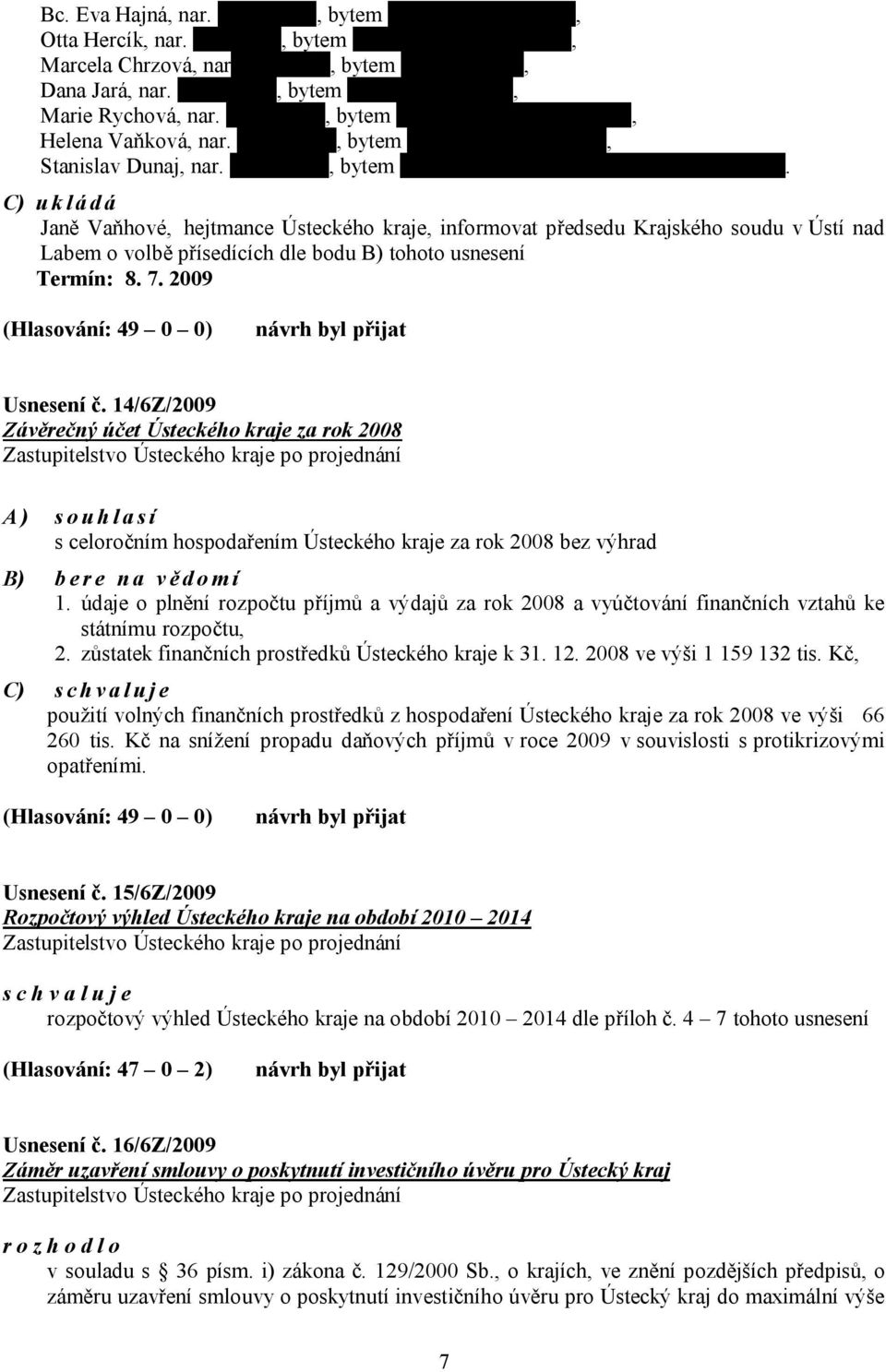 C) ukládá Janě Vaňhové, hejtmance Ústeckého kraje, informovat předsedu Krajského soudu v Ústí nad Labem o volbě přísedících dle bodu B) tohoto usnesení Termín: 8. 7.