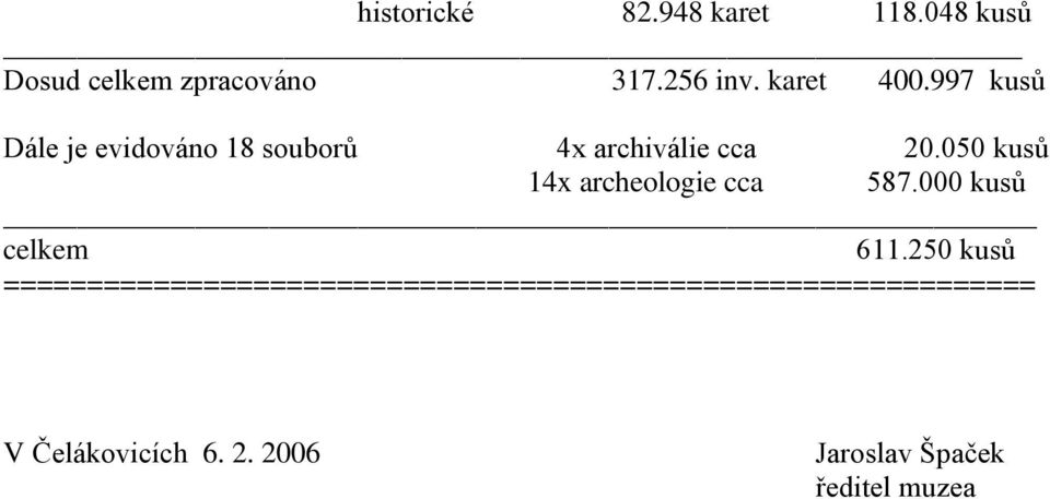 050 kusů 14x archeologie cca 587.000 kusů celkem 611.