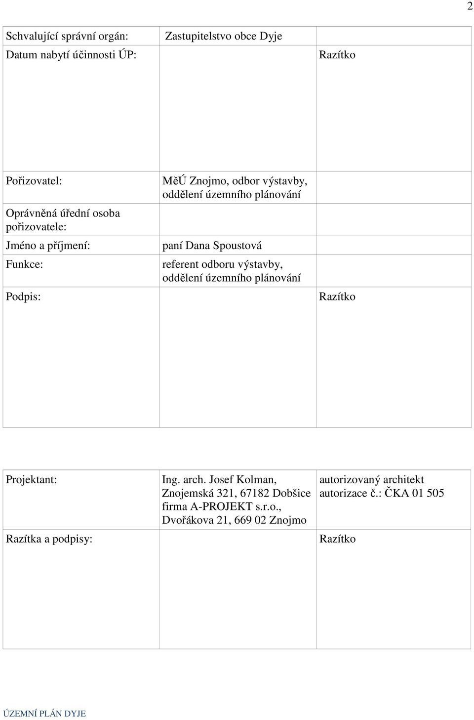 referent odboru výstavby, oddělení územního plánování Razítko Projektant: Razítka a podpisy: Ing. arch.