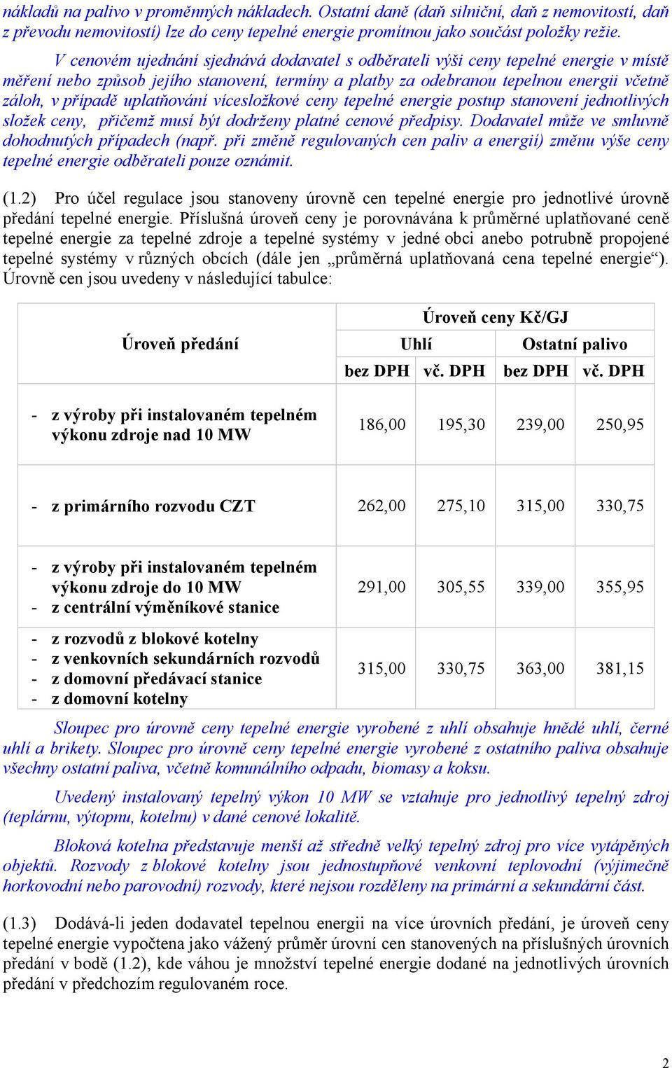 uplatňování vícesložkové ceny tepelné energie postup stanovení jednotlivých složek ceny, přičemž musí být dodrženy platné cenové předpisy. Dodavatel může ve smluvně dohodnutých případech (např.