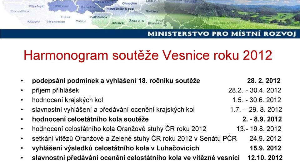 2012 hodnocení celostátního kola soutěže 2. - 8.9. 2012 hodnocení celostátního kola Oranžové stuhy ČR roku 2012 13.- 19.8. 2012 setkání vítězů Oranžové a Zelené stuhy ČR roku 2012 v Senátu PČR 24.