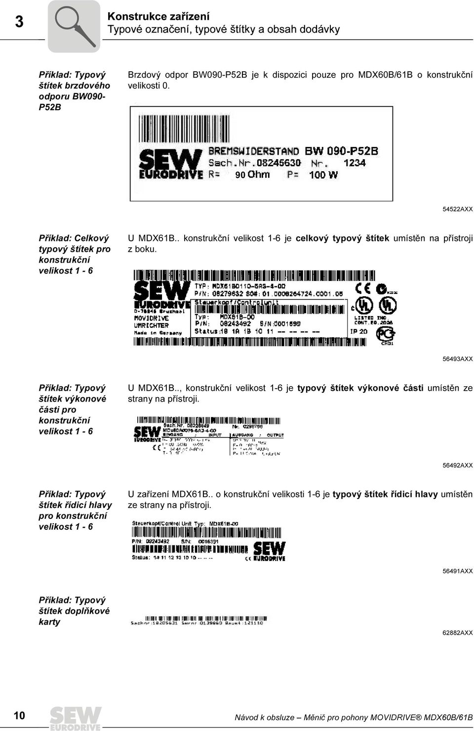 56493AXX Příklad: Typový štítek výkonové části pro konstrukční velikost 1-6 U MDX61B.., konstrukční velikost 1-6 je typový štítek výkonové části umístěn ze strany na přístroji.