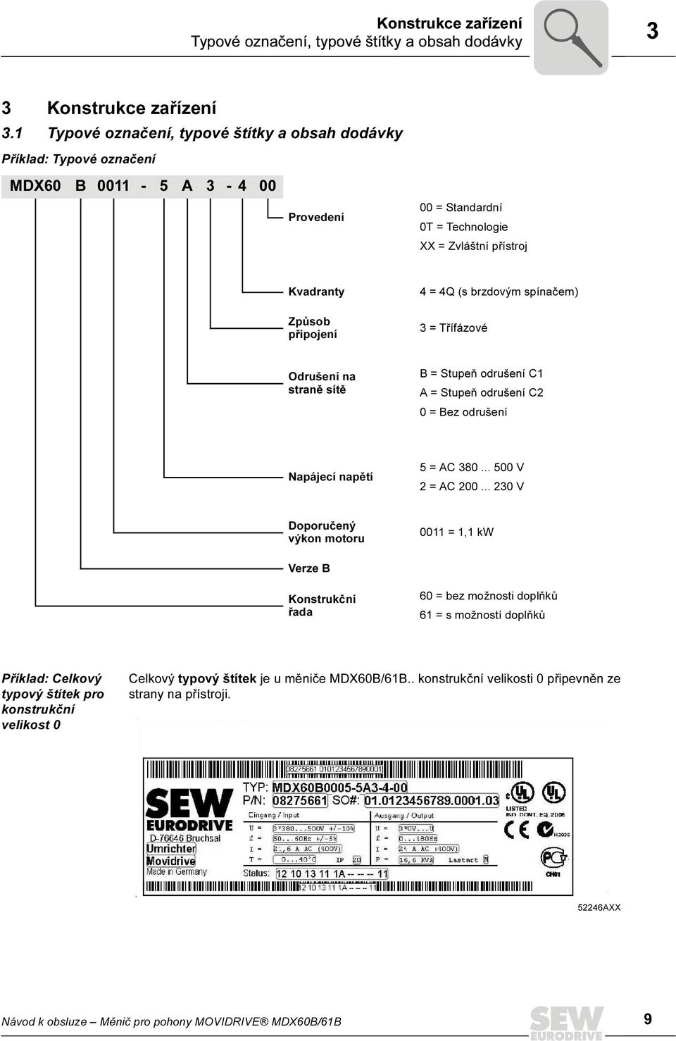 (s brzdovým spínačem) 3 = Třífázové Odrušení na straně sítě B = Stupeň odrušení C1 A = Stupeň odrušení C2 0 = Bez odrušení Napájecí napětí 5 = AC 380... 500 V 2 = AC 200.