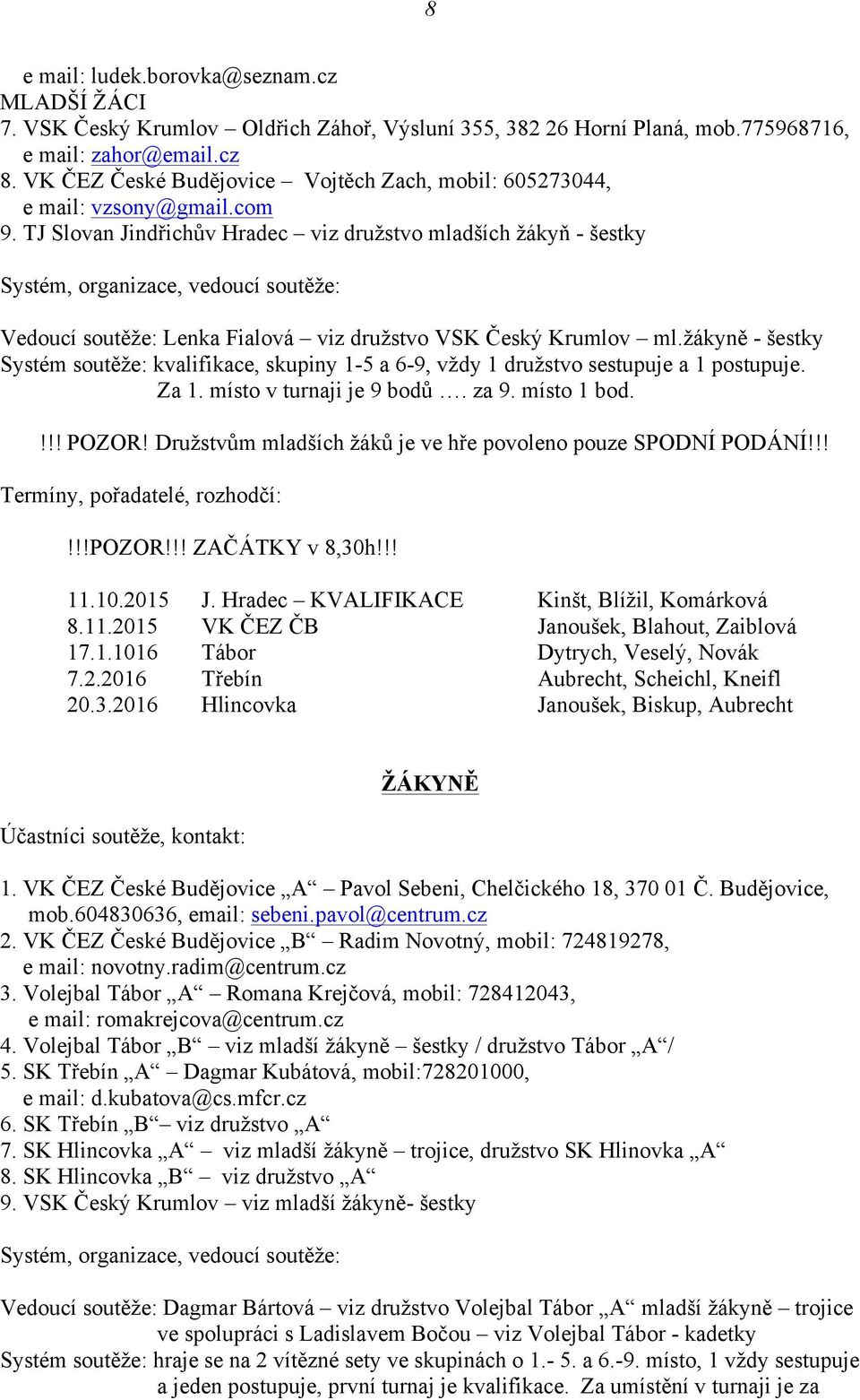 TJ Slovan Jindřichův Hradec viz družstvo mladších žákyň - šestky Systém, organizace, vedoucí soutěže: Vedoucí soutěže: Lenka Fialová viz družstvo VSK Český Krumlov ml.