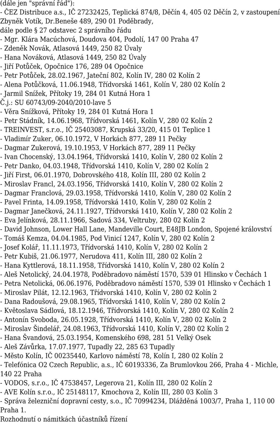 Klára Macúchová, Doudova 404, Podolí, 147 00 Praha 47 - Zdeněk Novák, Atlasová 1449, 250 82 Úvaly - Hana Nováková, Atlasová 1449, 250 82 Úvaly - Jiří Potůček, Opočnice 176, 289 04 Opočnice - Petr