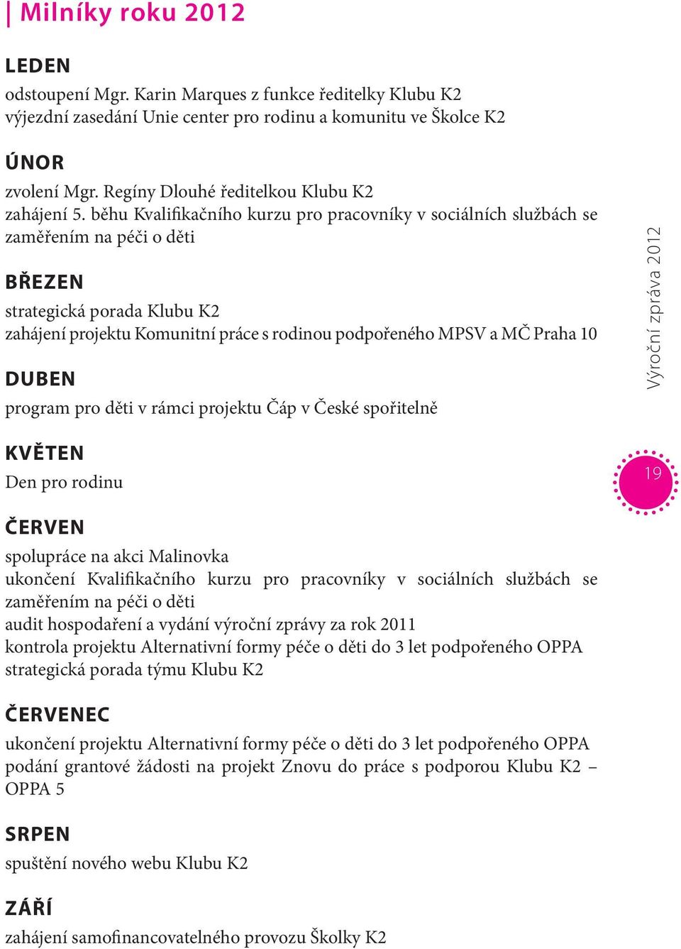 běhu Kvalifikačního kurzu pro pracovníky v sociálních službách se zaměřením na péči o děti Březen strategická porada Klubu K2 zahájení projektu Komunitní práce s rodinou podpořeného MPSV a MČ Praha