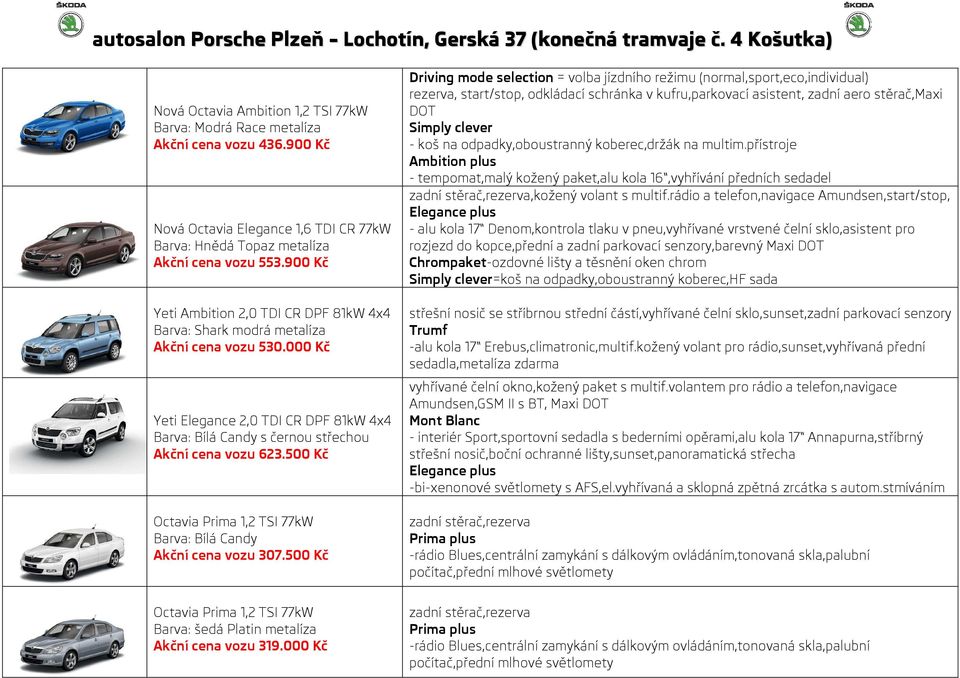 500 Kč Octavia Prima 1,2 TSI 77kW Barva: Bílá Candy Akční cena vozu 307.