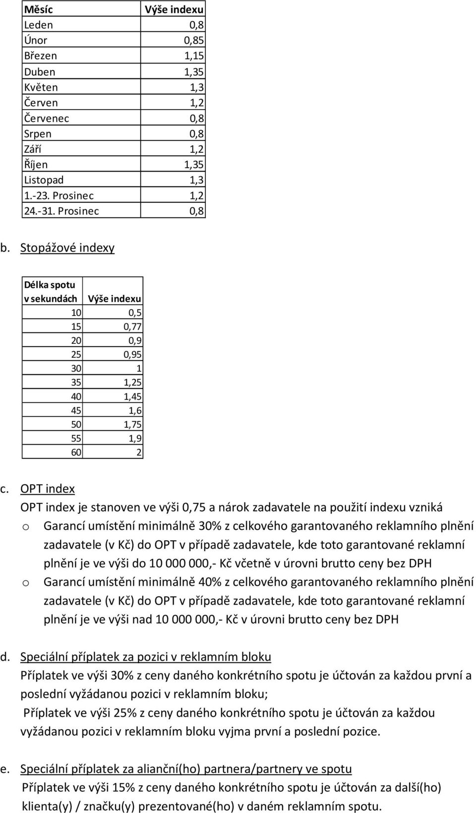 OPT index OPT index je stanoven ve výši 0,75 a nárok zadavatele na použití indexu vzniká o Garancí umístění minimálně 30% z celkového garantovaného reklamního plnění zadavatele (v Kč) do OPT v