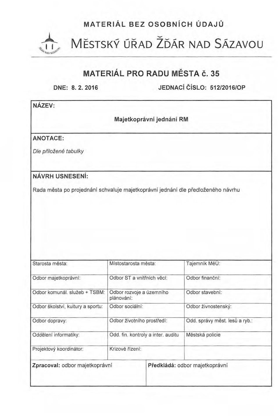 Starosta mesta: Mistostarosta mesta: Tajemnik MeU: Odbor majetkopravnf: Odbor ST a vnitrnich veer: Odbor financnf: Odbor komunal.