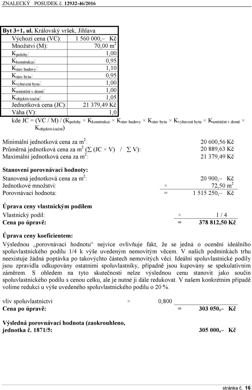 : 1,00 K objektivizační : 1,05 Jednotková cena (JC): 21 379,49 Kč Váha (V): 1,0 kde JC = (VC / M) / (K polohy K konstrukce K stav budovy K stav bytu K vybavení bytu K umístění v domě K objektivizační