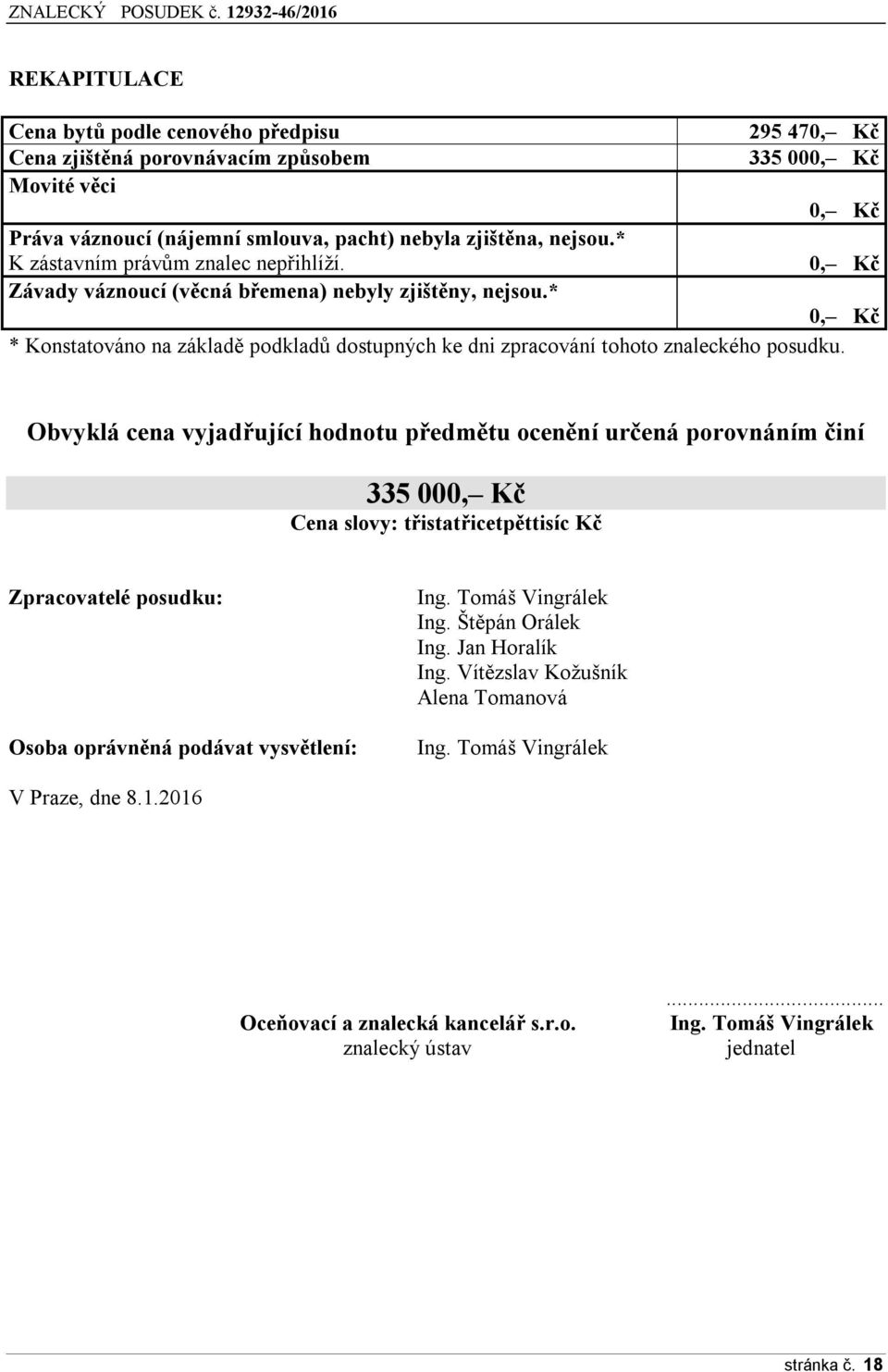 Obvyklá cena vyjadřující hodnotu předmětu ocenění určená porovnáním činí 335 000, Kč Cena slovy: třistatřicetpěttisíc Kč Zpracovatelé posudku: Osoba oprávněná podávat vysvětlení: Ing.