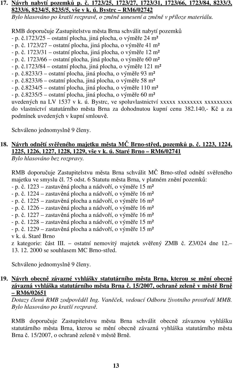 1723/25 ostatní plocha, jiná plocha, o výměře 24 m² - p. č. 1723/27 ostatní plocha, jiná plocha, o výměře 41 m² - p. č. 1723/31 ostatní plocha, jiná plocha, o výměře 12 m² - p. č. 1723/66 ostatní plocha, jiná plocha, o výměře 60 m² - p.