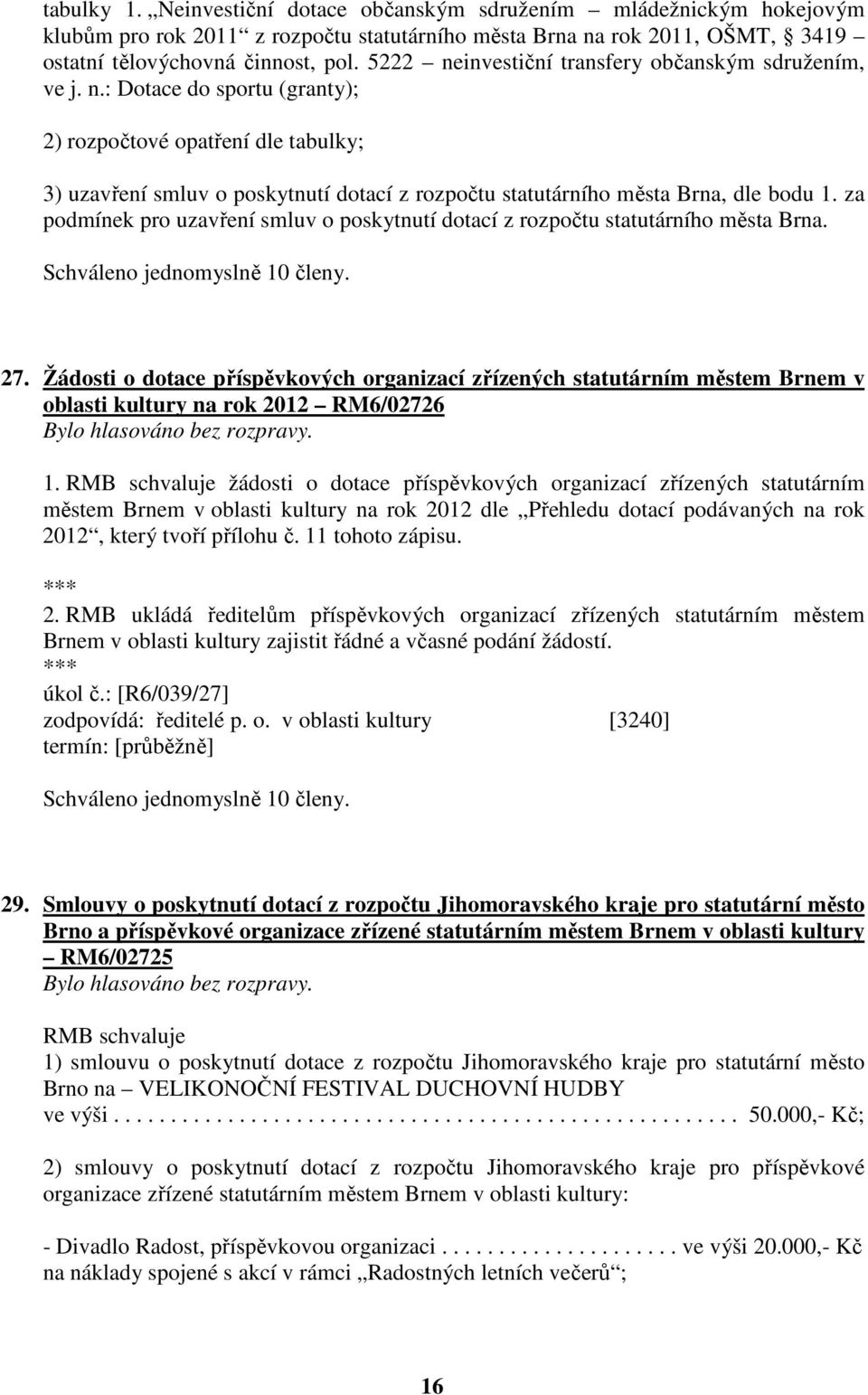 za podmínek pro uzavření smluv o poskytnutí dotací z rozpočtu statutárního města Brna. 27.