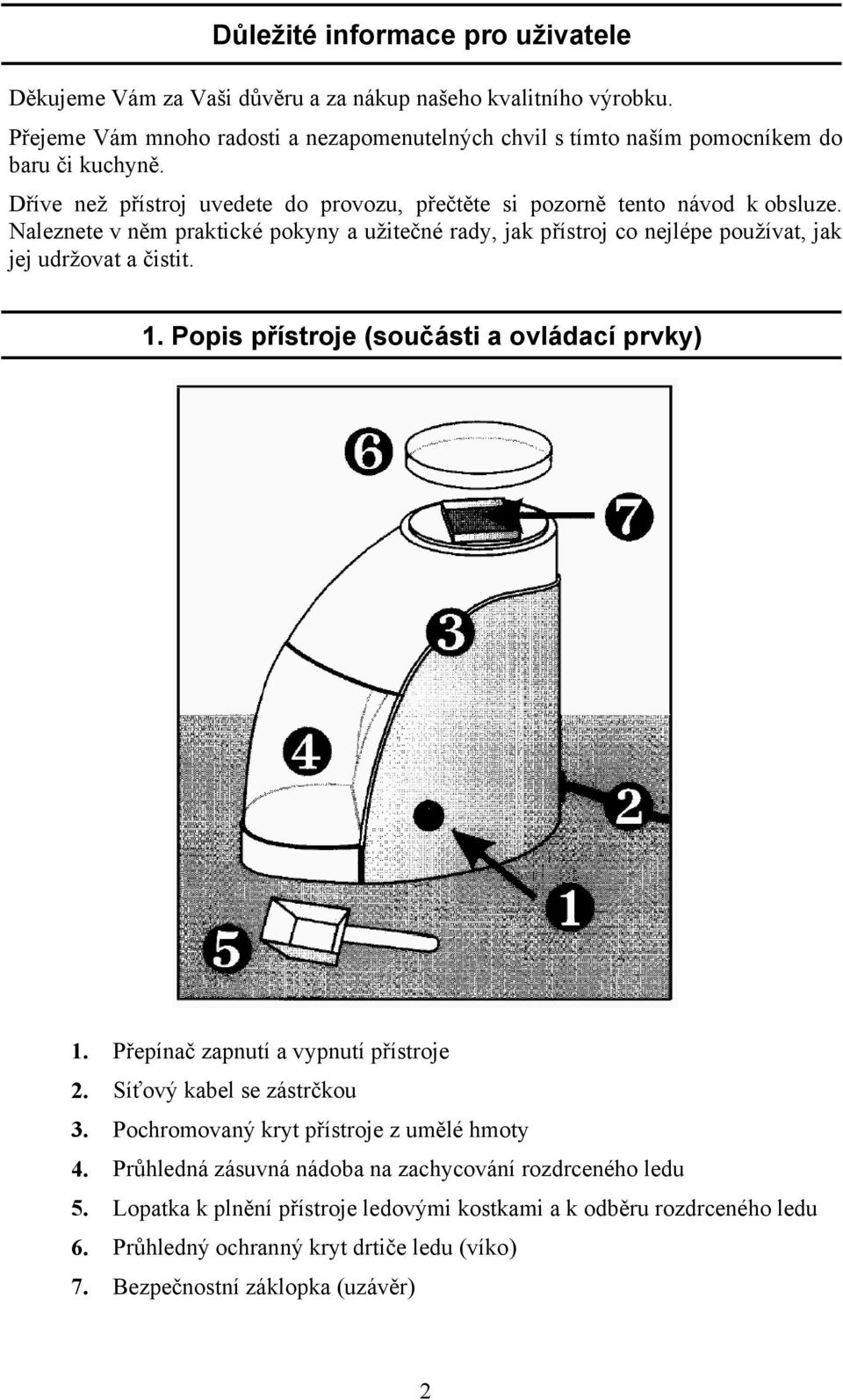 udržovat a čistit 1 Popis přístroje (součásti a ovládací prvky) 1 Přepínač zapnutí a vypnutí přístroje 2 Síťový kabel se zástrčkou 3 Pochromovaný kryt přístroje z umělé hmoty 4 Průhledná