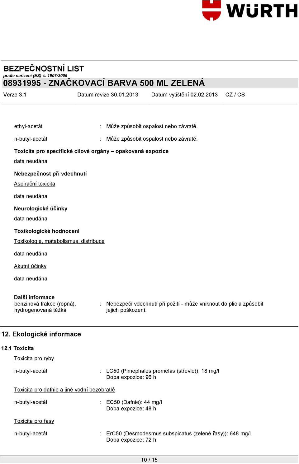 Toxicita pro specifické cílové orgány opakovaná expozice Nebezpečnost při vdechnutí Aspirační toxicita Neurologické účinky Toxikologické hodnocení Toxikologie, matabolismus, distribuce Akutní účinky