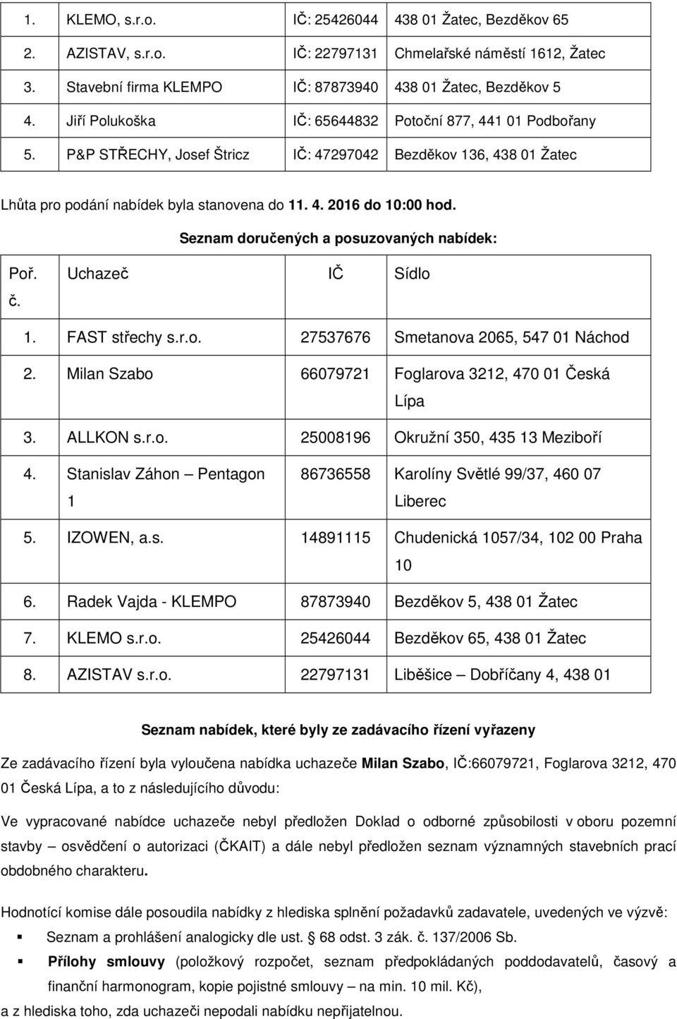 Seznam doručených a posuzovaných nabídek: Poř. č. Uchazeč IČ Sídlo 1. FAST střechy s.r.o. 27537676 Smetanova 2065, 547 01 Náchod 2. Milan Szabo 66079721 Foglarova 3212, 470 01 Česká Lípa 3. ALLKON s.
