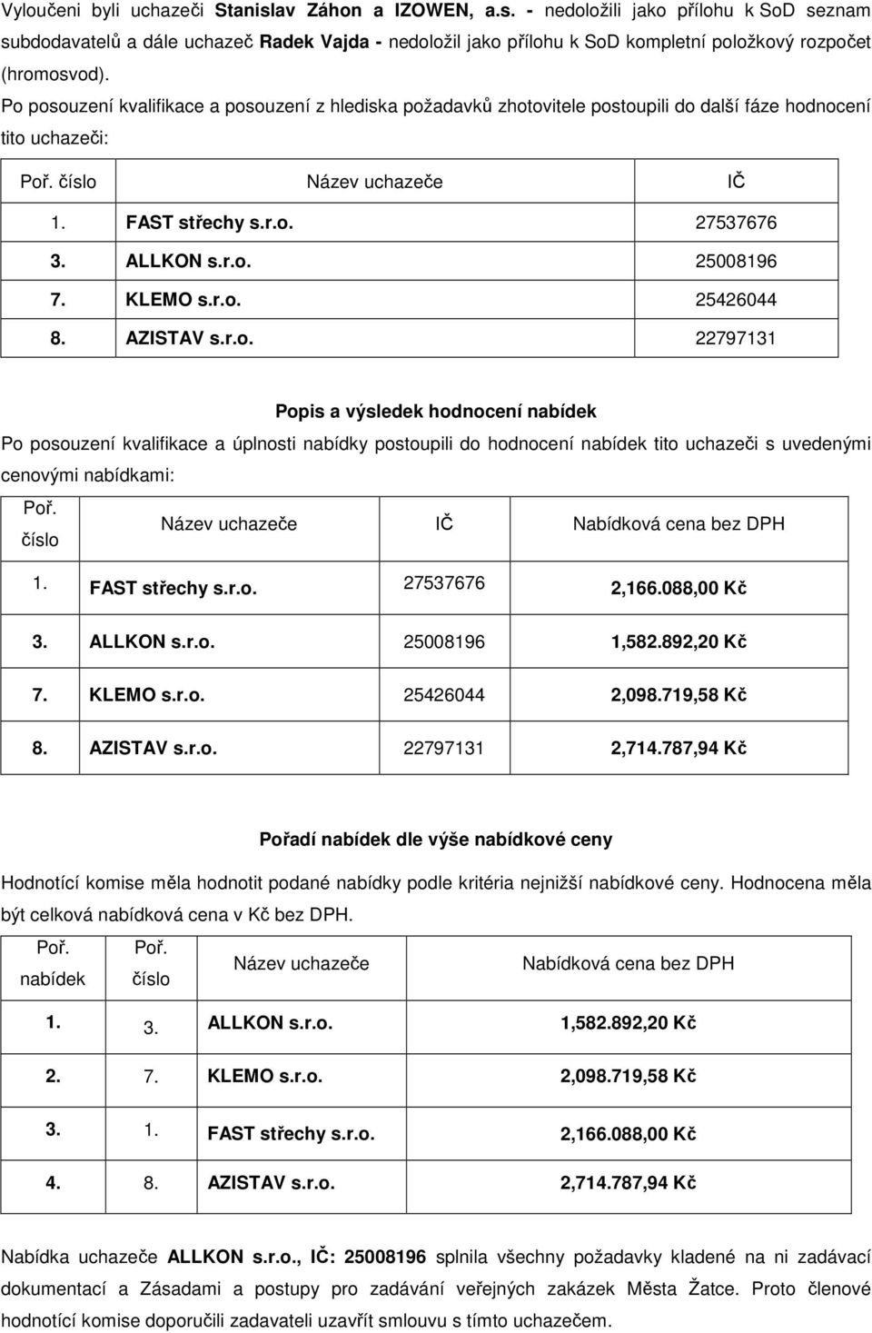 KLEMO s.r.o. 25426044 8. AZISTAV s.r.o. 22797131 Popis a výsledek hodnocení nabídek Po posouzení kvalifikace a úplnosti nabídky postoupili do hodnocení nabídek tito uchazeči s uvedenými cenovými nabídkami: Poř.