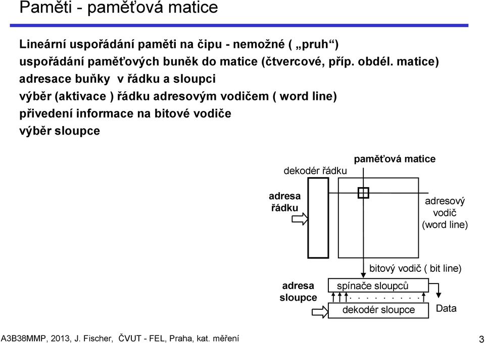 matice) adresace buňky v řádku a sloupci výběr (aktivace ) řádku adresovým vodičem ( word line) přivedení informace na