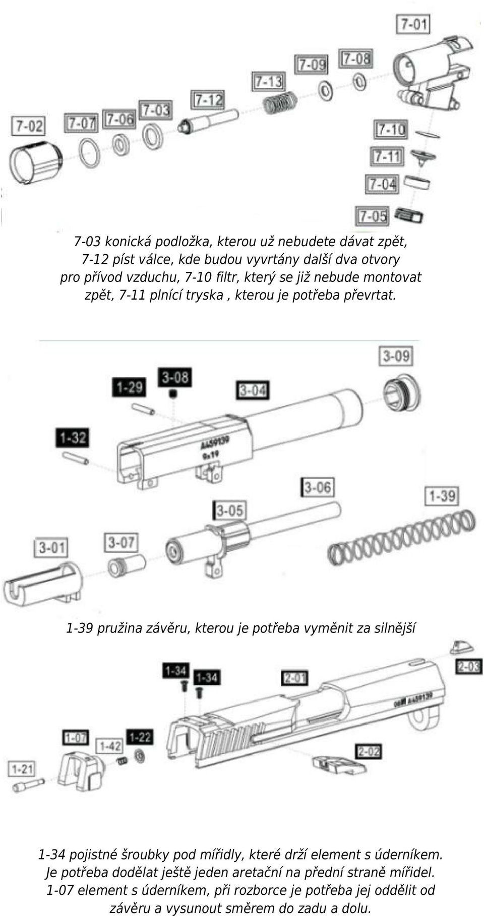 1-39 pružina závěru, kterou je potřeba vyměnit za silnější 1-34 pojistné šroubky pod mířidly, které drží element s úderníkem.