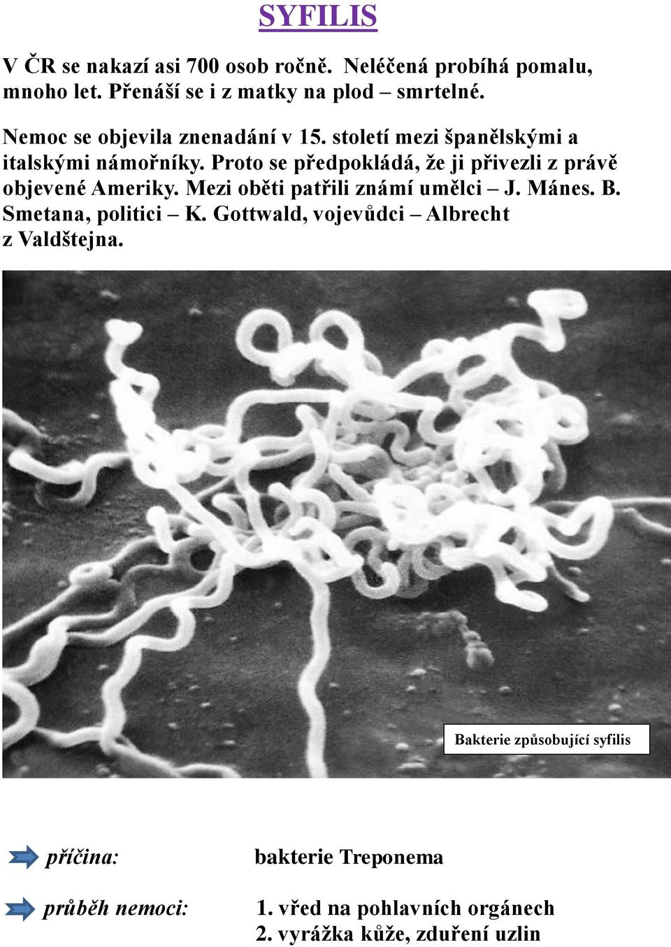 Proto se předpokládá, že ji přivezli z právě objevené Ameriky. Mezi oběti patřili známí umělci J. Mánes. B.