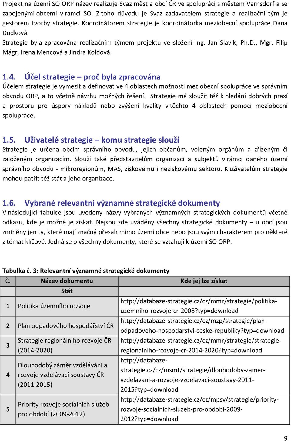 Strategie byla zpracována realizačním týmem projektu ve složení Ing. Jan Slavík, Ph.D., Mgr. Filip Mágr, Irena Mencová a Jindra Koldová. 1.4.