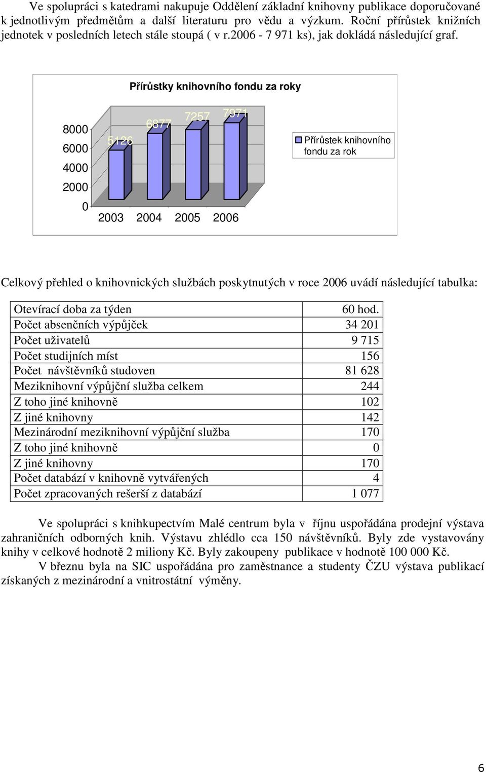 Přírůstky knihovního fondu za roky 8000 6000 4000 2000 0 6877 7257 7971 5126 2003 2004 2005 2006 Přírůstek knihovního fondu za rok Celkový přehled o knihovnických službách poskytnutých v roce 2006