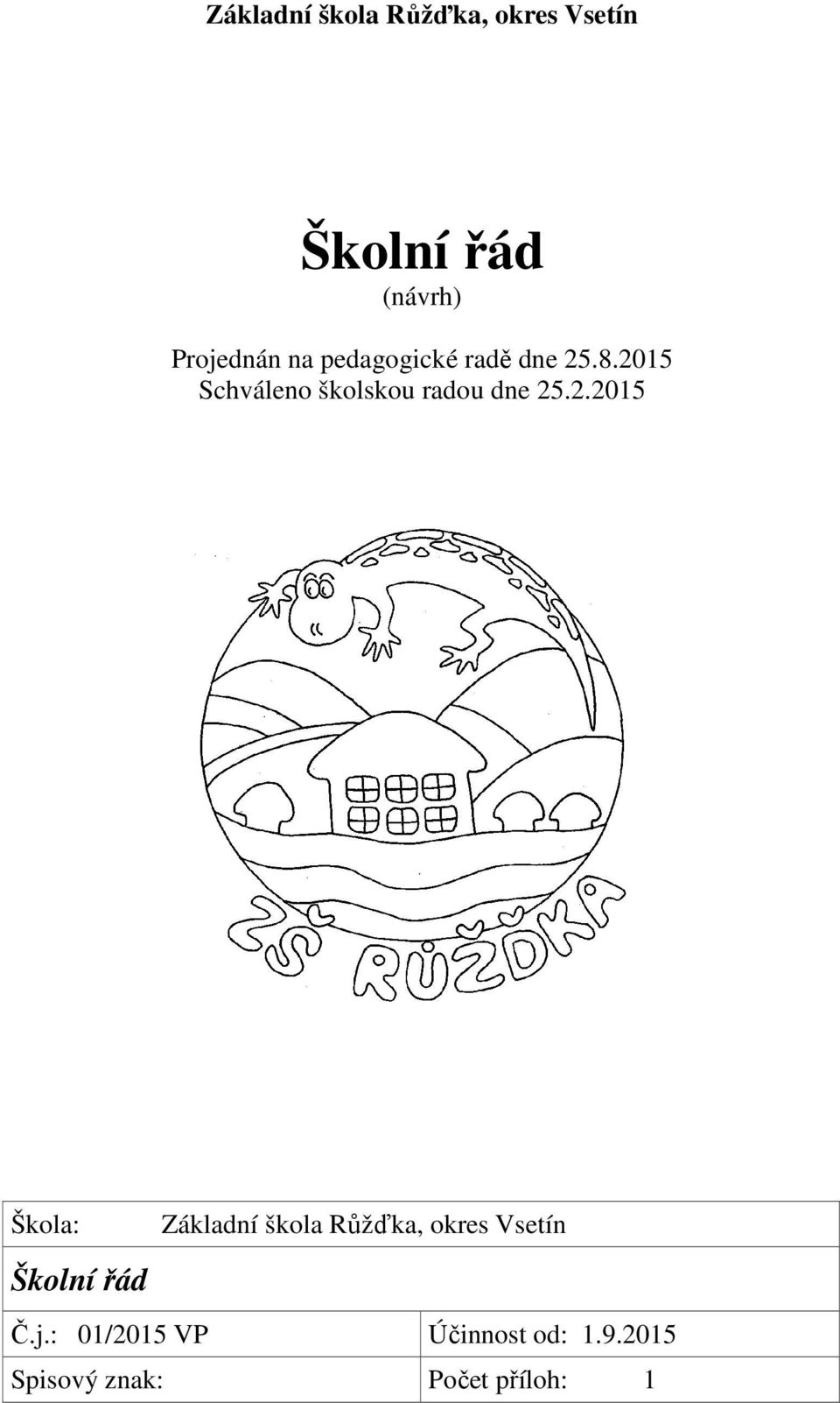 2015 Schváleno školskou radou dne 25.2.2015 Škola: Základní škola Růžďka, okres Vsetín Školní řád Č.