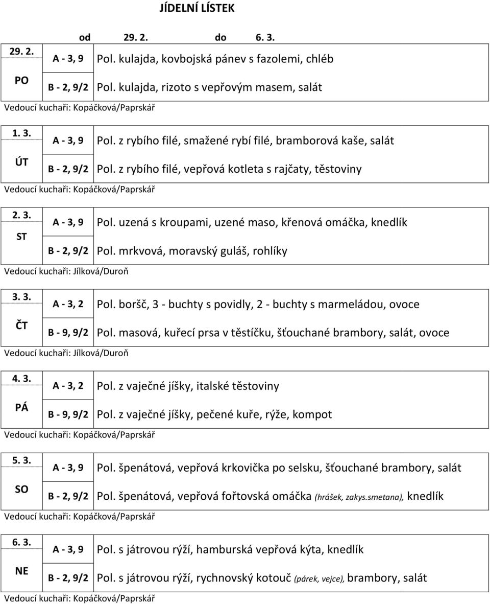 boršč, 3 - buchty s povidly, 2 - buchty s marmeládou, ovoce B - 9, 9/2 Pol. masová, kuřecí prsa v těstíčku, šťouchané brambory, salát, ovoce 4. 3. A - 3, 2 Pol.