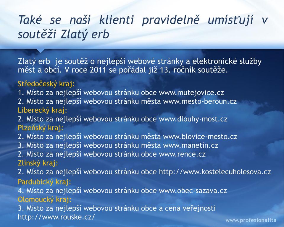 Místo za nejlepší webovou stránku obce www.dlouhy-most.cz Plzeňský kraj: 2. Místo za nejlepší webovou stránku města www.blovice-mesto.cz 3. Místo za nejlepší webovou stránku města www.manetin.cz 2.