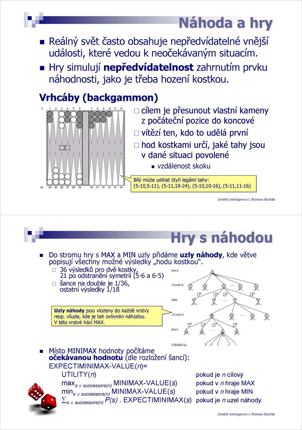 může udělat čtyři legální tahy: (5-10,5-11), (5-11,19-24), (5-10,10-16), (5-11,11-16) Hry s náhodoun Do stromu hry s MAX a MIN uzly přidáme uzly náhody, kde větve popisují všechny možné výsledky hodu