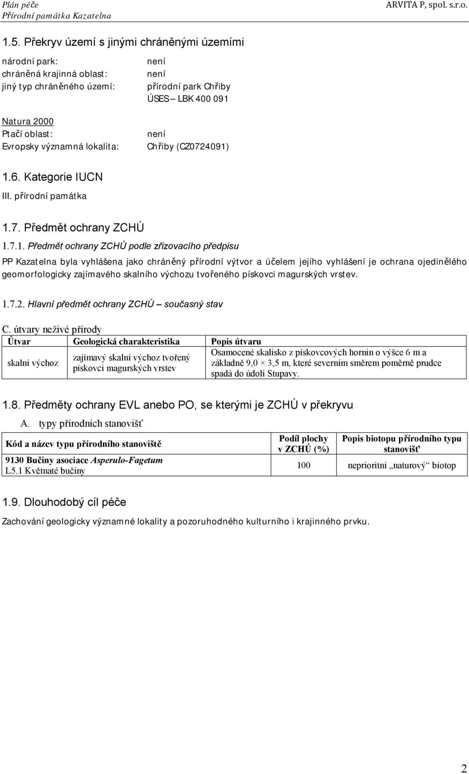 1.6. Kategorie IUCN III. přírodní památka 1.7. Předmět ochrany ZCHÚ 1.7.1. Předmět ochrany ZCHÚ podle zřizovacího předpisu PP Kazatelna byla vyhlášena jako chráněný přírodní výtvor a účelem jejího