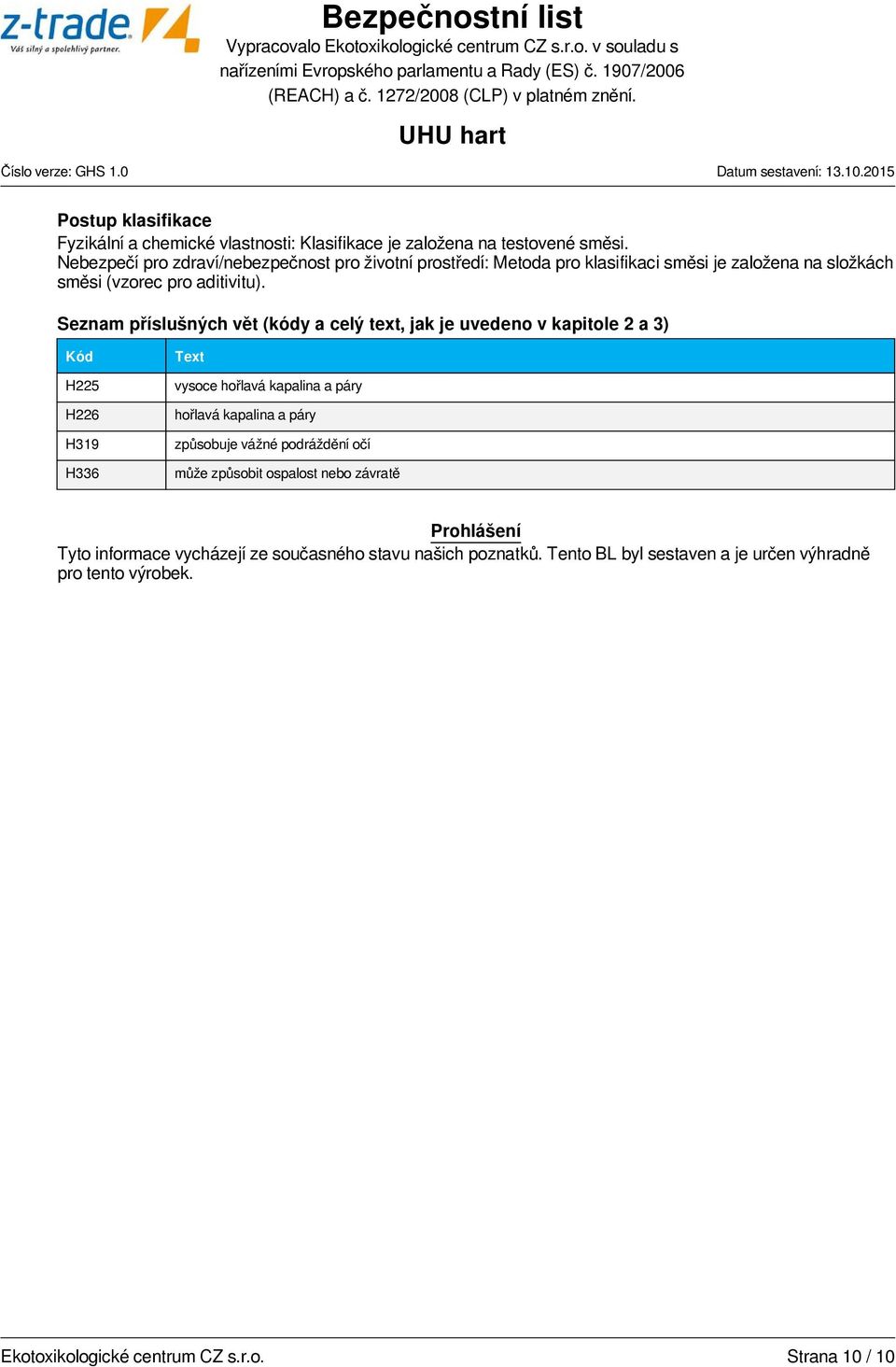 Seznam příslušných vět (kódy a celý text, jak je uvedeno v kapitole 2 a 3) Kód H225 H226 H319 H336 Text vysoce hořlavá kapalina a páry hořlavá kapalina a páry