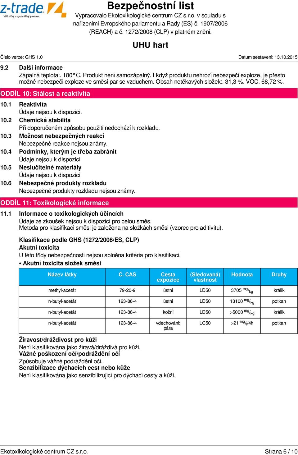 10.4 Podmínky, kterým je třeba zabránit 10.5 Neslučitelné materiály Údaje nejsou k dispozici 10.6 Nebezpečné produkty rozkladu Nebezpečné produkty rozkladu nejsou známy.