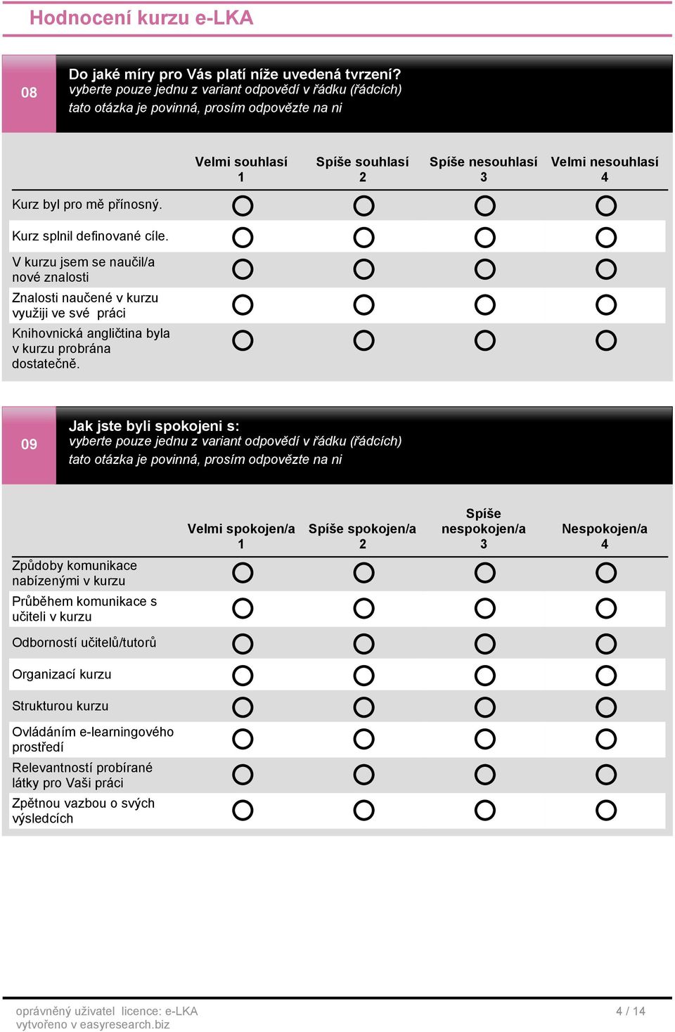 09 Jak jste byli spokojeni s: Velmi spokojen/a 1 Spíše spokojen/a 2 Spíše nespokojen/a 3 Nespokojen/a 4 Způdoby komunikace nabízenými v kurzu Průběhem komunikace s