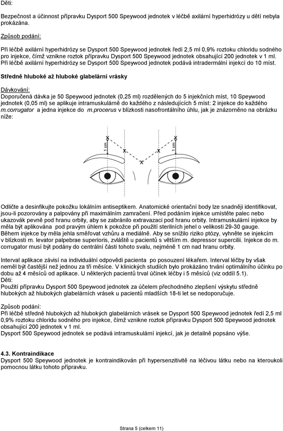 obsahující 200 jednotek v 1 ml. Při léčbě axilární hyperhidrózy se Dysport 500 Speywood jednotek podává intradermální injekcí do 10 míst.